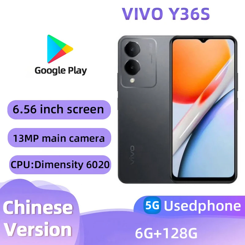 VIVO Y36S 5g Smartphone Android CPU Dimensity 6020 6.56inches Screen ROM 128GB 90HZ 15W Charge 13MP+5MP Used Phone