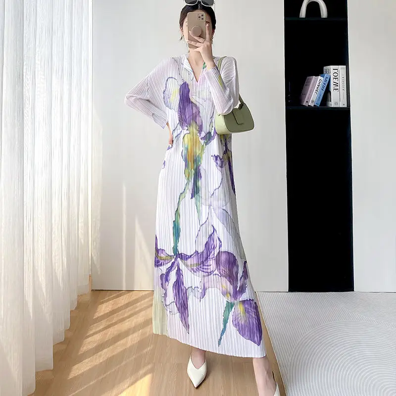 

High-end flower print slim-fit hip wrap 2025 summer trend waist pleated thin dress women