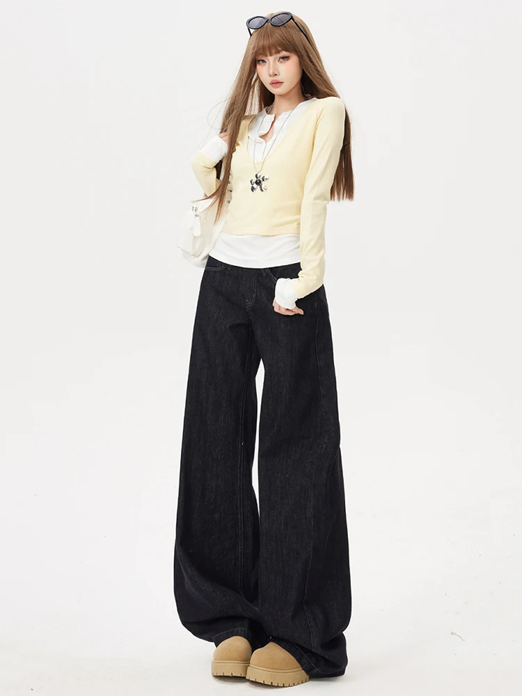 American Retro Wide Leg Denim Jeans Women's Loose Fitting Draped Straight Floor-Length Pants Casual Cotton Polyester Blend