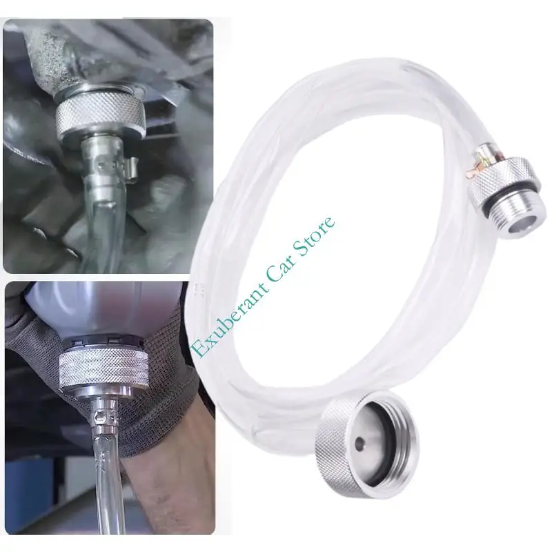 Transmission Fluid Filling Hose and Adapter Assembly with Threaded End, Visible Sealing Rings, Knurled Collar, and Clamped