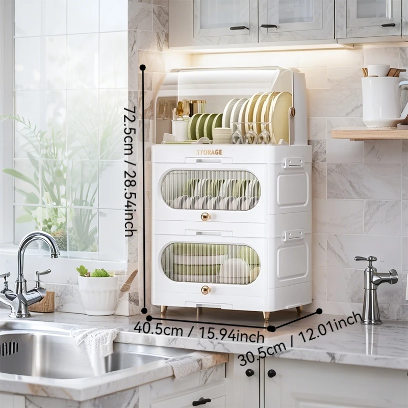 ตู้ชามครัวพับได้อเนกประสงค์สไตล์โมเดิร์น, ตู้เก็บของบนโต๊ะอาหารพลาสติกในครัวเรือน, สําหรับจาน/ชาม/บนโต๊ะอาหาร, การออกแบบวางซ้อนกันได้และประหยัดพื้นที่, เหมาะสําหรับหอพัก, บ้านเช่า