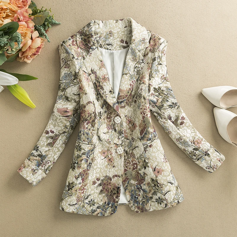 الأزهار طباعة ort المرأة البدلة Jaet الكورية Sle عادية الخصر مقصوص سليم صالح معطف الغربي الربيع الصيف وصول جديد