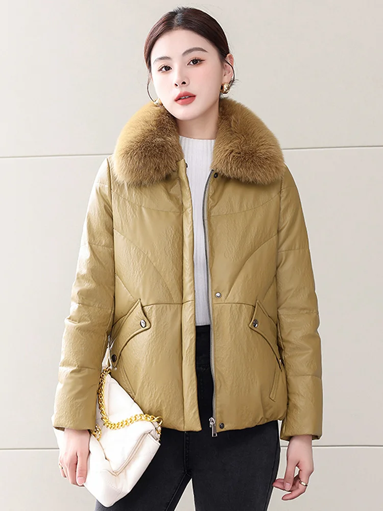 New Women Winter Casual Leather Down Jacket Fashion Warm Real Fox Fur Collar Loose Sheepskin Leather Down Coat Split Leather