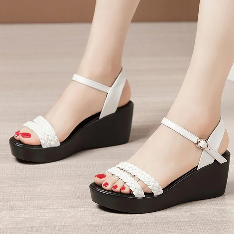 BEYARNE White Wedges Sandals Women Summer New Open Toe Large Size 40-43 Ladies Sandals Black Shoes