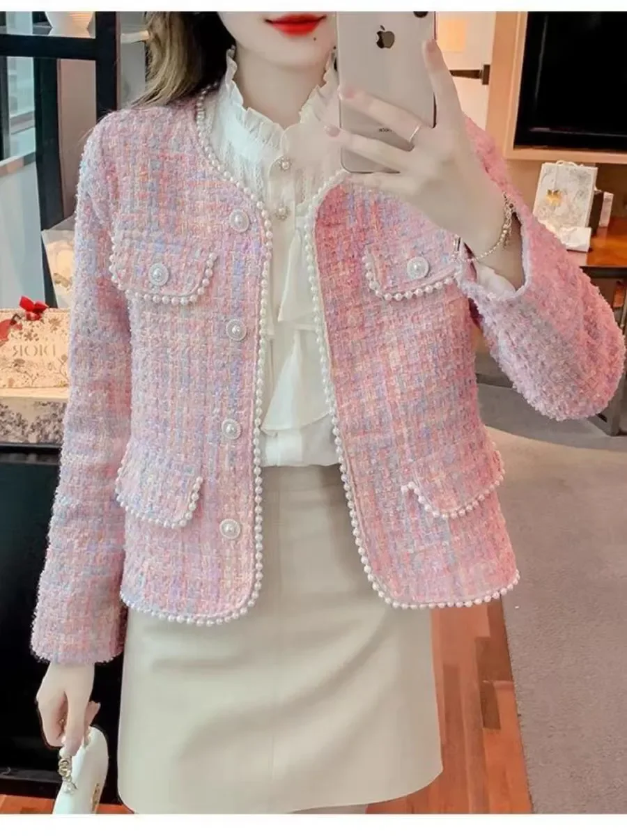 Short Braided Weave Jacket Women's Loose Fit Luxury Fashion Lady Style Spring Autumn DK Melissa Brand Button Detailing