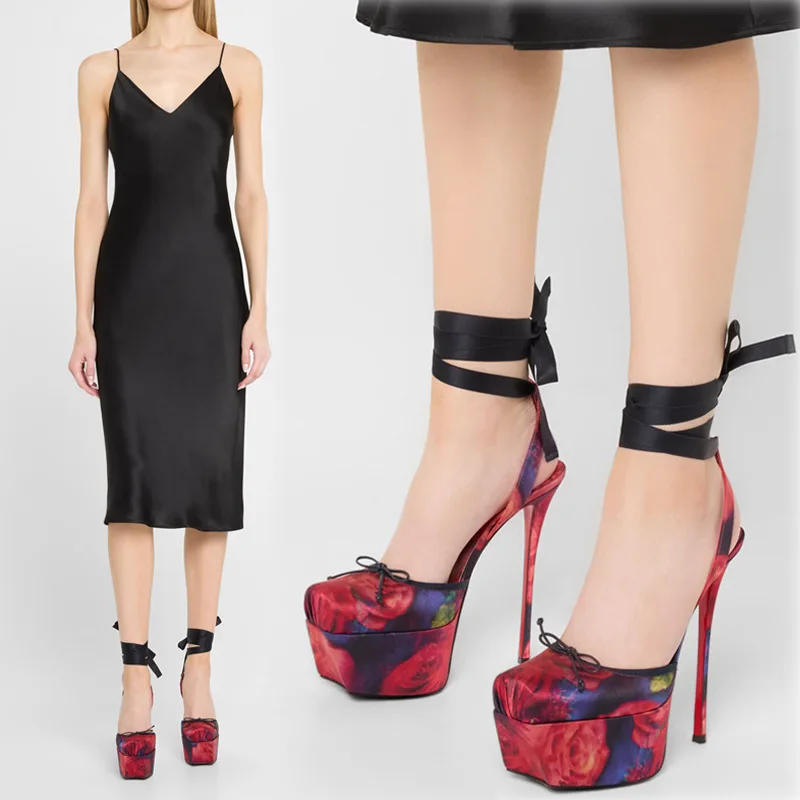 

Silk Satin Platform Square Toe High Heels Stiletto Bow Strap Roman Sandals Large Size Catwalk Ballet Women Shoes