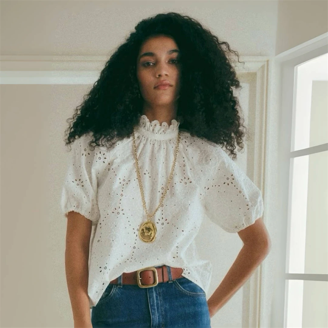 

Paris Seza Sweet Embroidery Hollow out Beautiful Lace Trim Shirt French Style Loose Fit Cotton Pure Color Spring 2026 Women's...