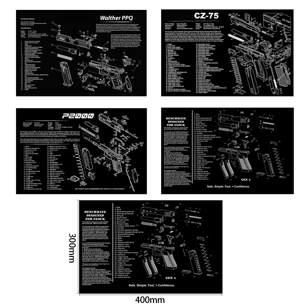 CZ 75 Gen4 Glock 43 AR15 Gun Cleaning Rubber Mat Kits Parts Diagram and Instructions Mouse Pad Walther AK47 PPQ HK P2000 P365