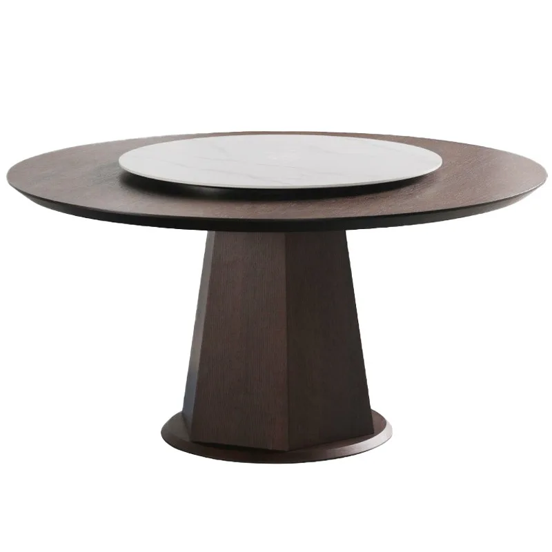 

Solid wood round walnut color dining table, Italian modern wind rock slab turntable round table light luxury