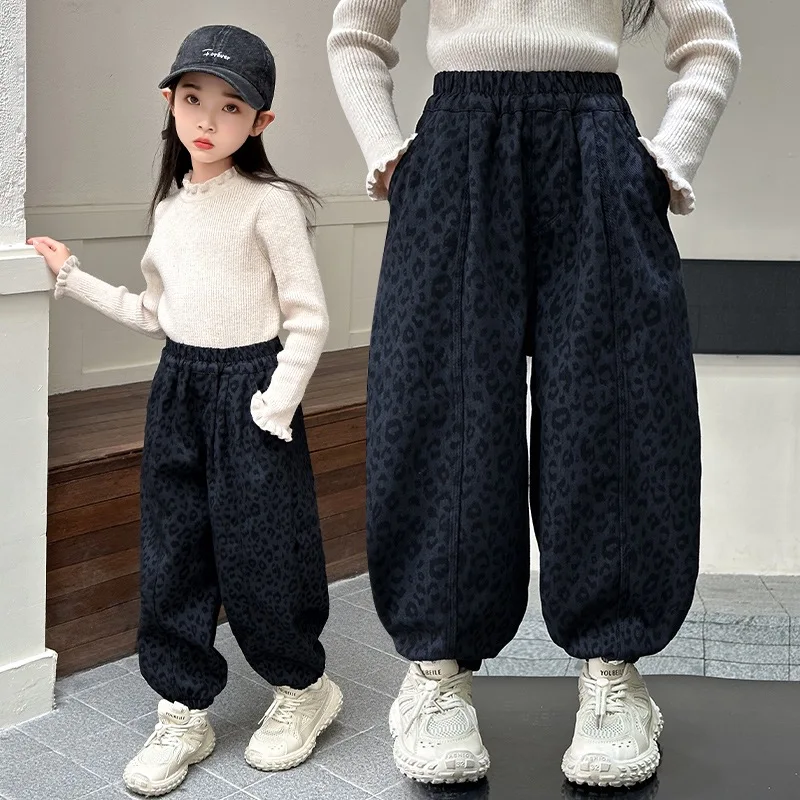 

Girls Spring and Autumn Pants 2025 Tied Feet Boys Leopard Print Casual Pants Small and Medium Children's Sweatpants