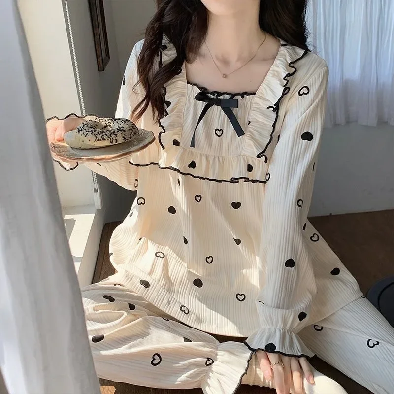 

2024 New Pajama Women Autumn Long-sleeved Cotton Loungewear Square Collar Cute Homewear Two-piece Suit Loose Falbala Sleepwear