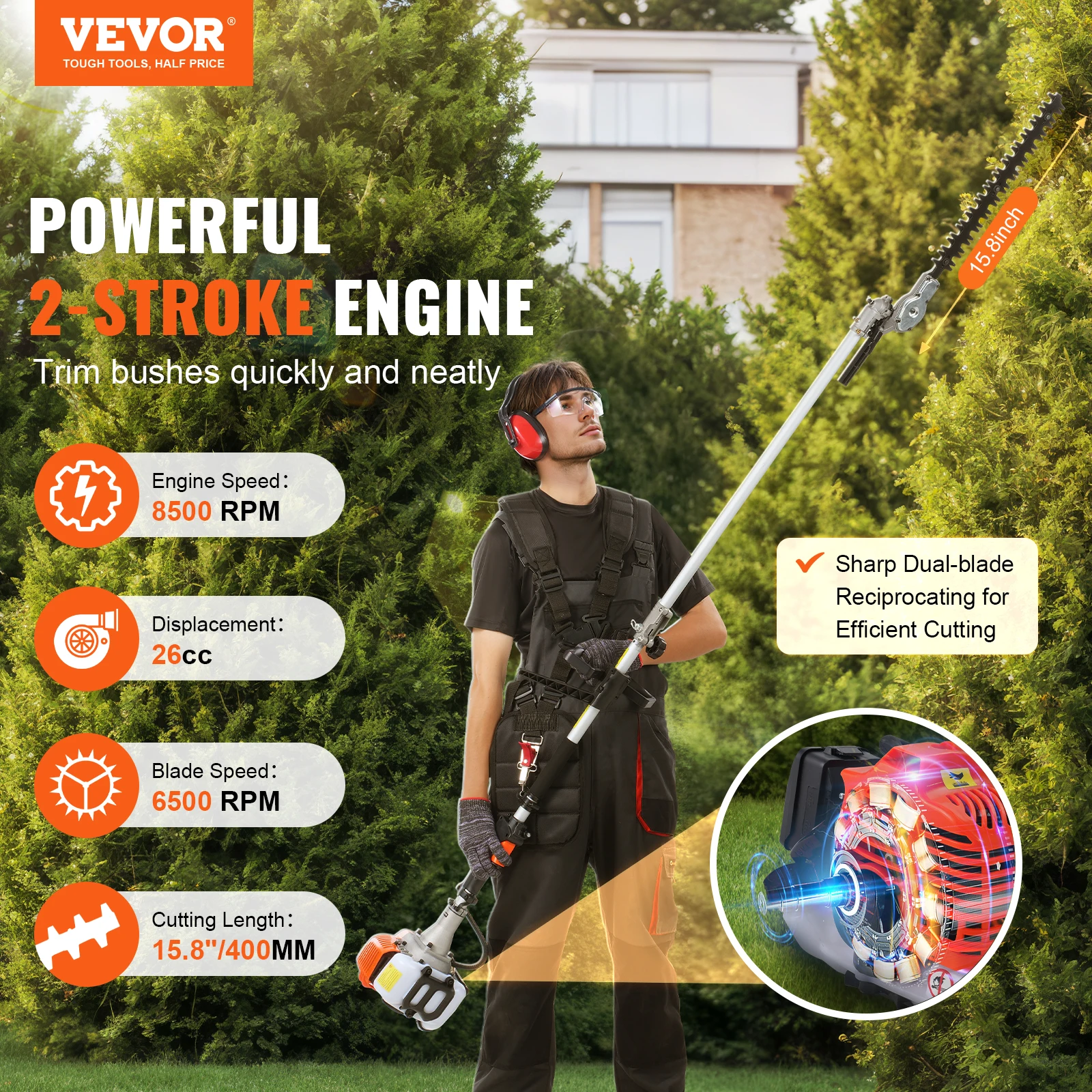 VEVOR Gas Hedge Trimmer 26CC 2 Cycle Gas Powered Pole Hedge Trimmer w/270° Adjustable Trimmer Head for Trimming Shrubs/Bushes