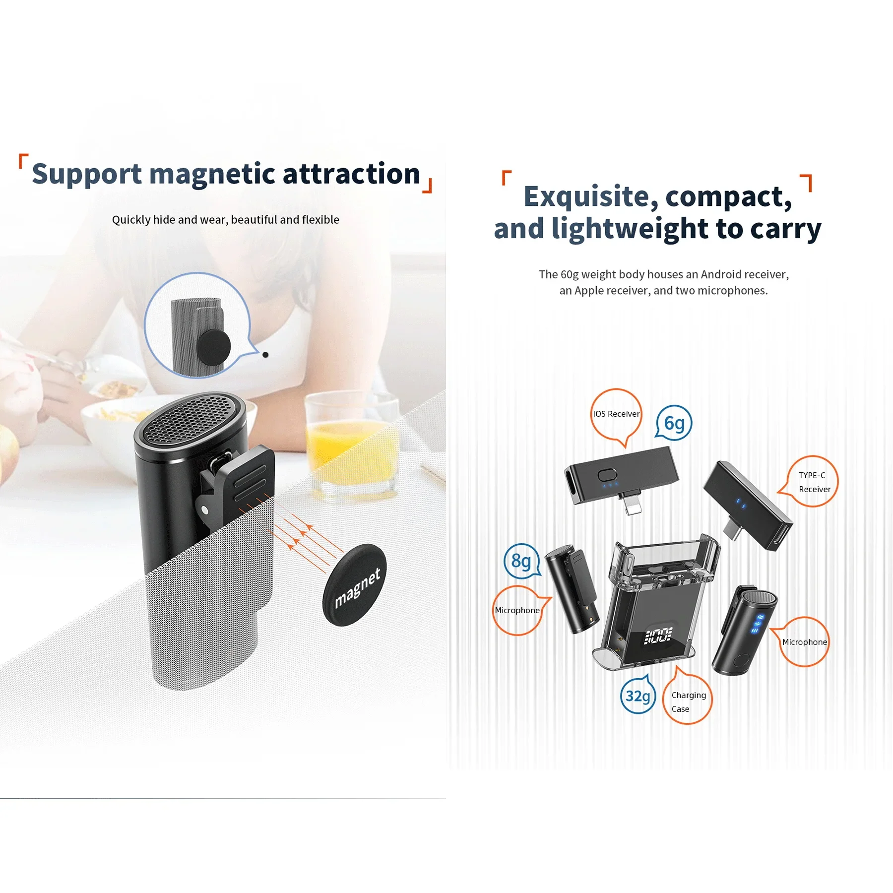 Mikrofon Lavalier Nirkabel untuk Perekaman Studio Mikrofon Kerah Profesional Magnetik dengan Kotak Pengisi Daya Pengurang Kebisingan Langsung