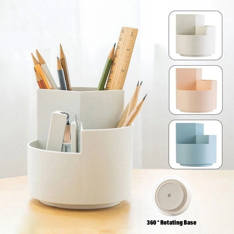 Large Capacity 360° Rotating Pen Holder Desk 3-Grid Pencil Storage Box Organizer Makeup Brush School Pen Stand Office Storage