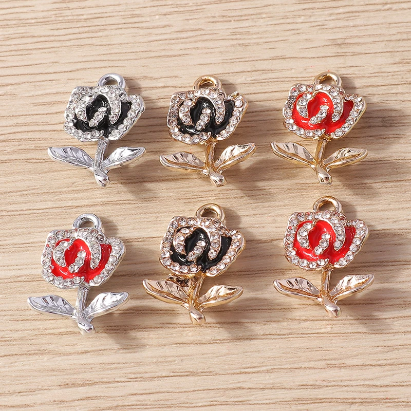 10pcs 13x22mm Cute Crystal Rose Flower Charms Pendants for Jewelry Making Women Fashion Drop Earrings Necklace DIY Crafts Gifts