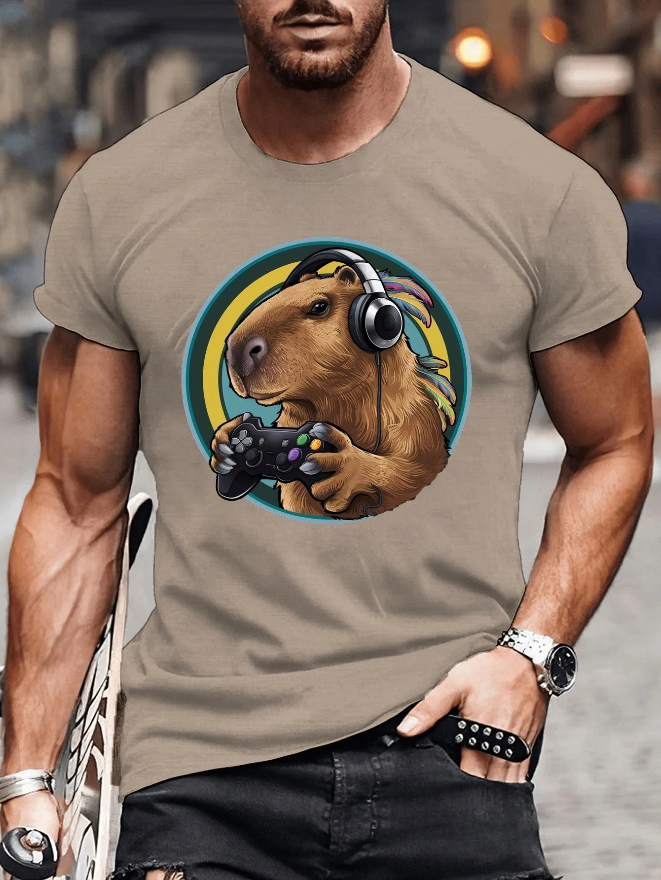 

Capybara Gamer T-Shirt Men's Casual Short Sleeve Breathable Cotton Graphic Tee for Summer