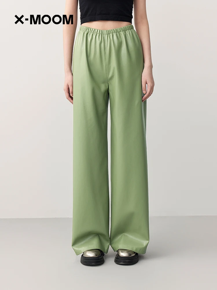 

Spring 2024 New Women's Loose Straight Leg Casual Pants Elastic Waist Protein Leather High Waist Commute Sle Long Trousers
