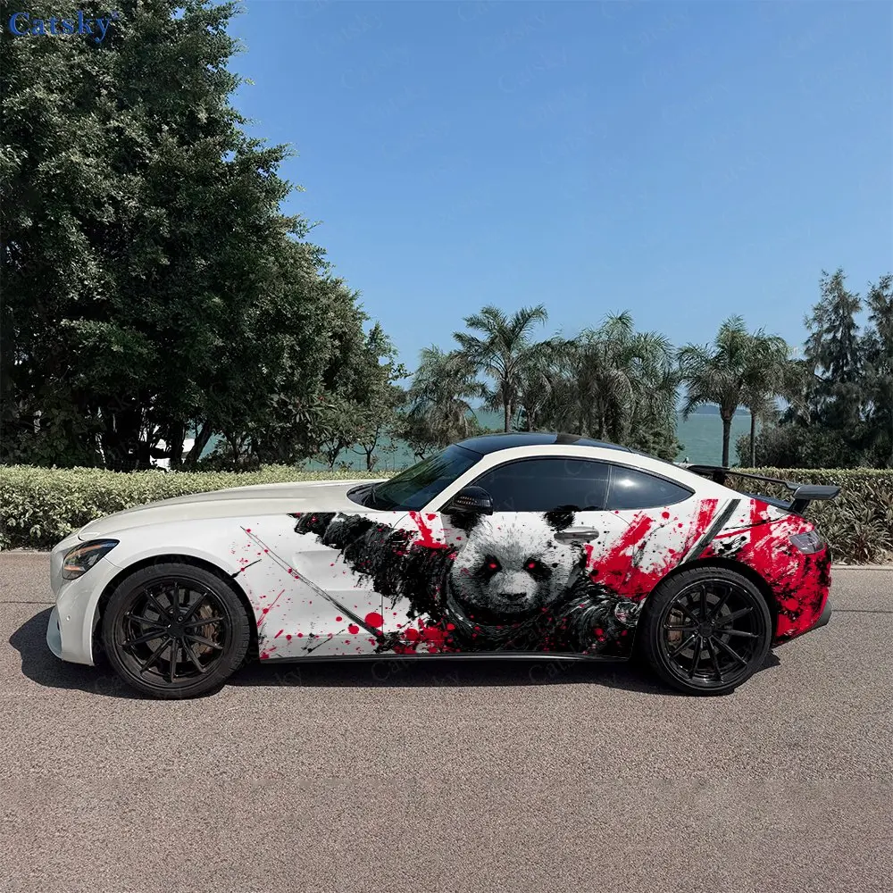 2pcs Ink Warrior Panda Red Stain Car Side Wraps, Self-Adhesive PVC Waterproof & Scratch-Resistant Stickers, Car Accessory Gift