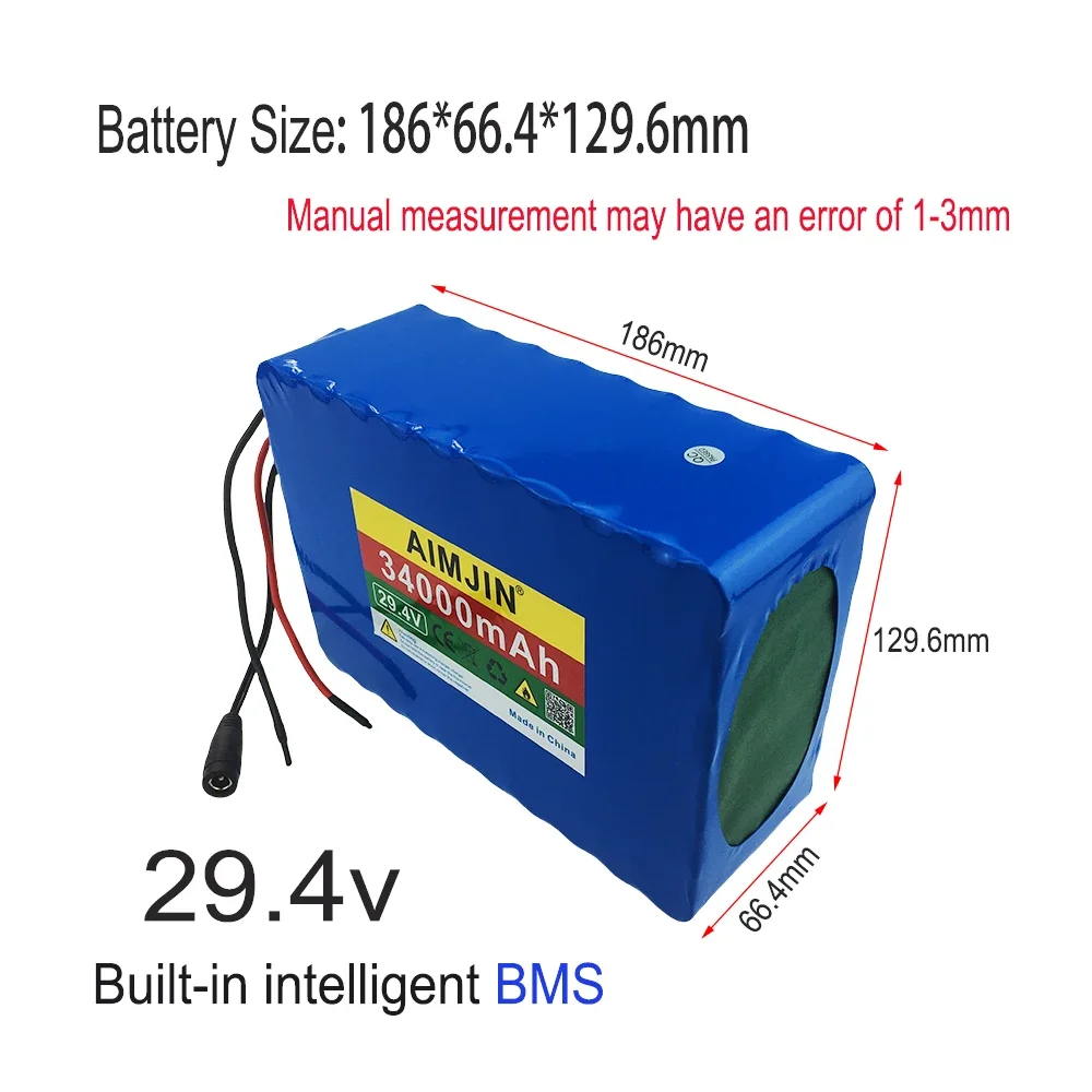 Paquete de batería de litio 7S10P 18650, alta capacidad de 29,4 V 34000mAh, placa de protección BMS inteligente integrada, con cargador