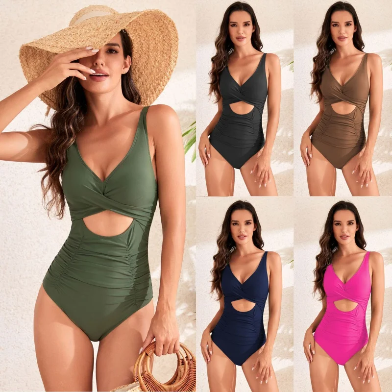 

Popular One-Piece Swimsuit, Monochromatic Cross Bag, Pleating High Waist Swimsuit, 24 New