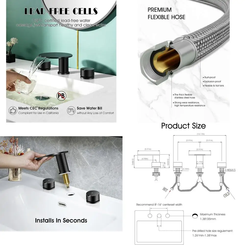 

Dual Handle 8 Solid Brass Widespread Faucet for Waterfall Vanity Sinks in Black