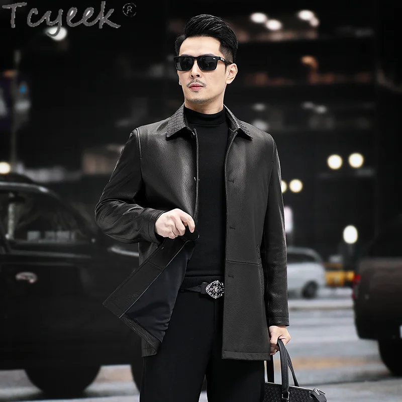 Tcyeek Genuine Leather Jacket Men Business Casual Goatskin Coat Autumn Clothes Mid-length Trench Coat Jaqueta De Couro 2025