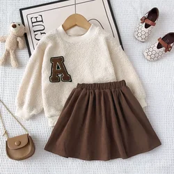 Korean Version Plain Girls Suit Casual Long Sleeved Letter Plush Sportswear Top+Skirt 2 Piece Set 3-7 Years Warm Kids Clothes