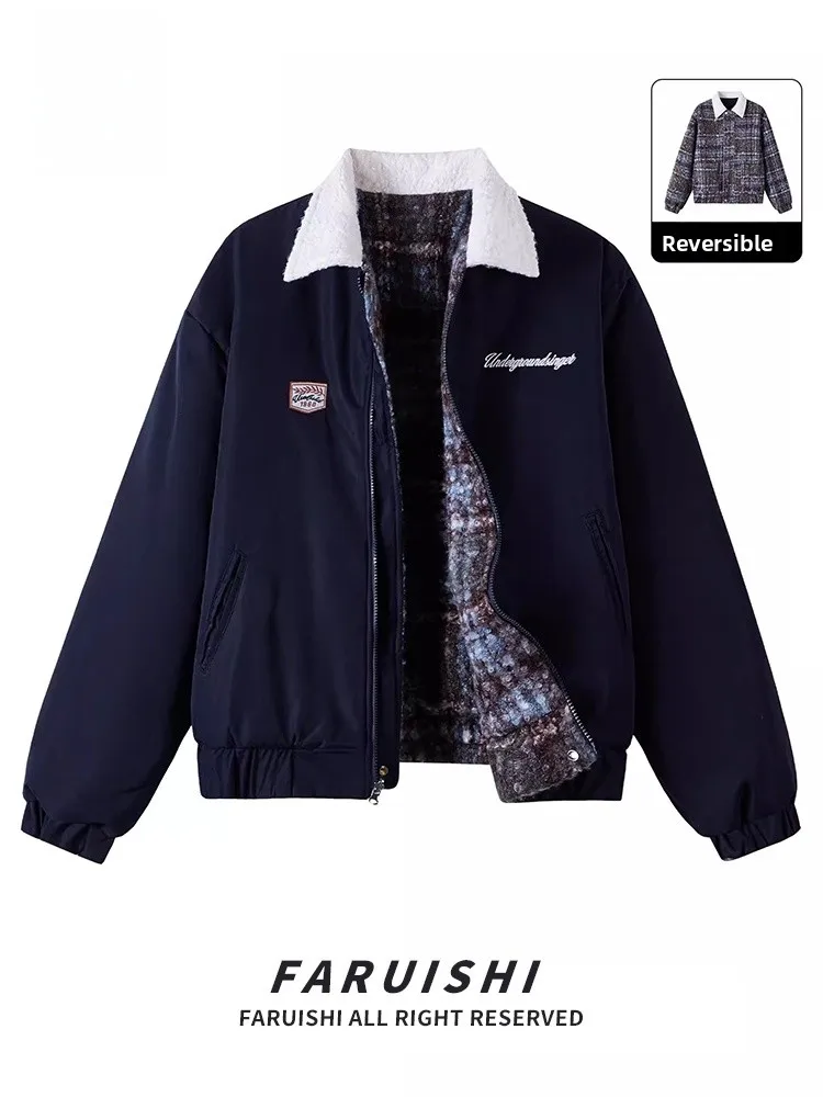 

Ретро-куртка в американском стиле с вышивкой, двусторонняя, из овечьего вельвета и хлопка, мужская, новая зимняя модель, в клетку, молодежный тренд