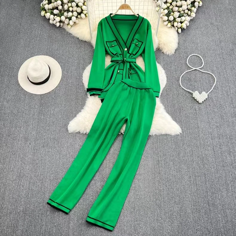 Vintage Contrast Color Knitted Two Piece Set for women V-neck Long Sleeve Lace Up Cardigan Coat + Wide Leg Pants Sets Tracksuit