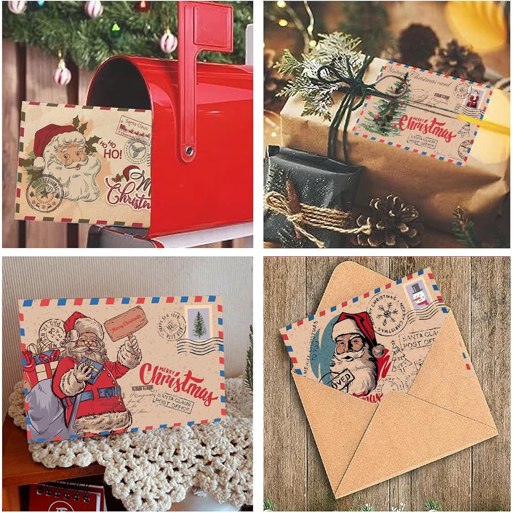 5PCS Vintage Cowhide Christmas Greeting Cards Cute Cartoon Christmas Gift Cards Antique Postcards Christmas Wishes Gifts