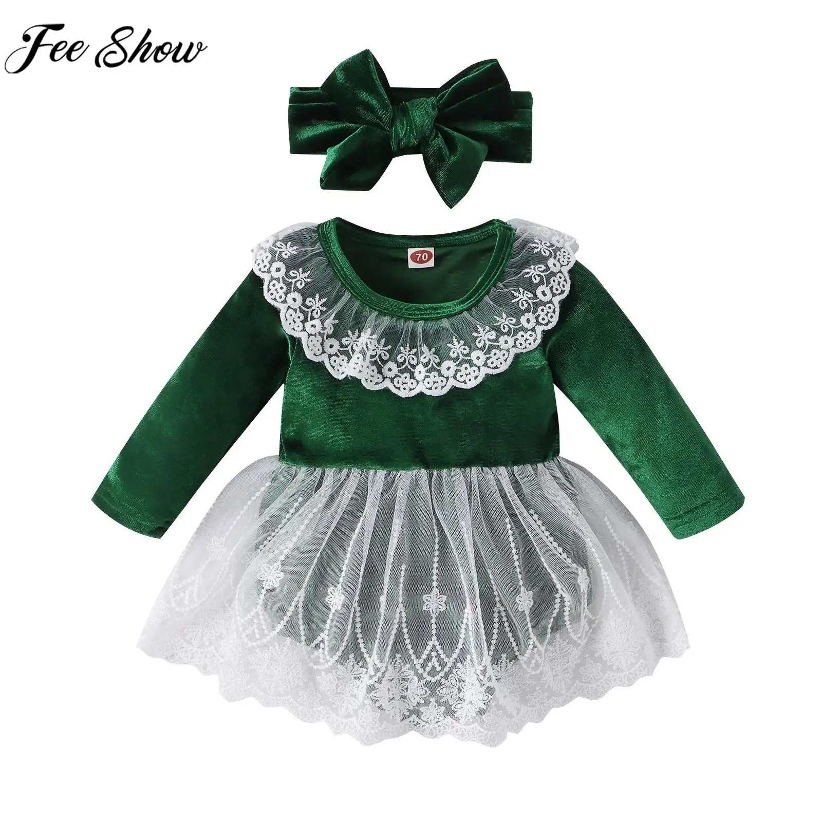 

Infant Girls Christmas Rompers Xmas New Year Wedding Birthday Party Costume Long Sleeve Lace Mesh Velvet Bodysuit with Headband