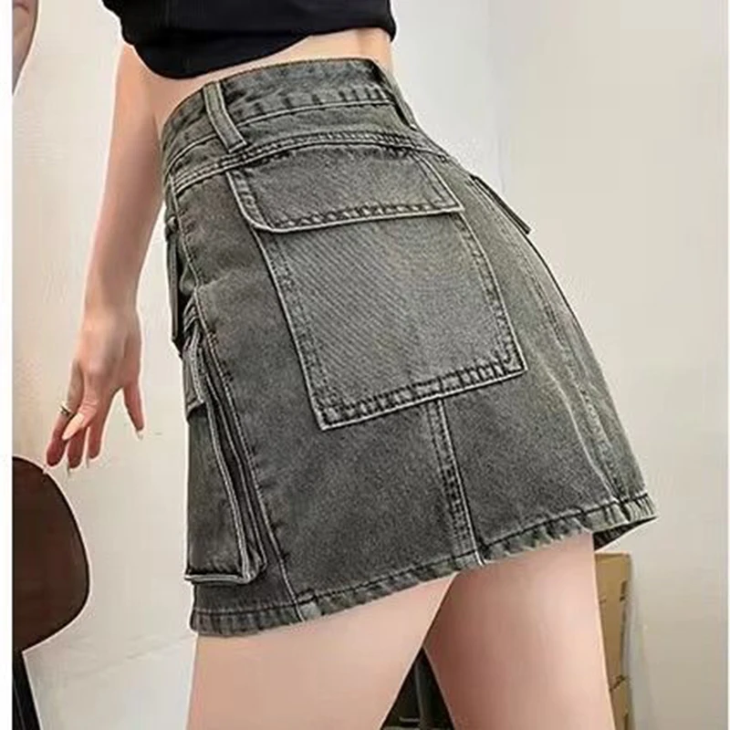 Cement gray workwear denim short skirt for women, summer 2024 new high waisted, hip hugging, spicy girl half body skirt