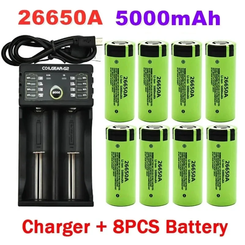 100% New Original high quality 26650A battery 5000mAh 3.7V 50A lithium ion rechargeable  LED flashlight+charger