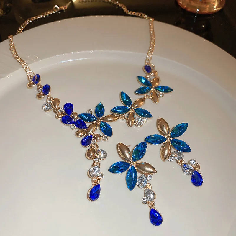 Inlaid Rhinestone Flower Tassel Earrings Necklace Two-piece Set Elegant Collarbone Chain Mesh New Dainty Blue Accessories