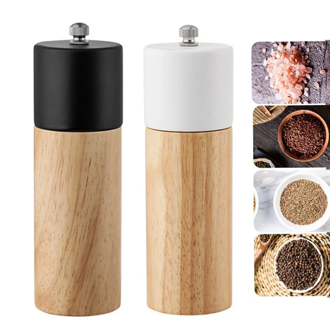 2Pcs Mini Manual Pepper Grinder Wooden Salt & Pepper Mill Multi-Purpose Cruet Kitchen Tool with Ceramic Grinder