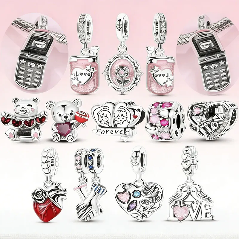 Original Charms 925 Silver Heart Rose Bear Bead Pendant Fit Original Bracelets Bag Charms Women DIY Jewelry Valentine's Day Gift