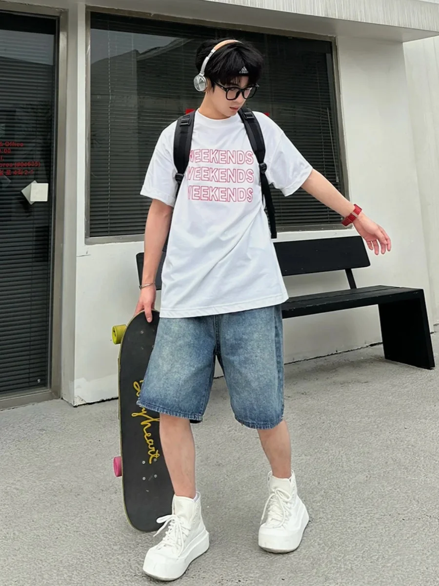 Retro Blue Denim Short Pants Men's Summer Washed Straight Leg Five-Point American High Street Vibe Jeans Youth Trend