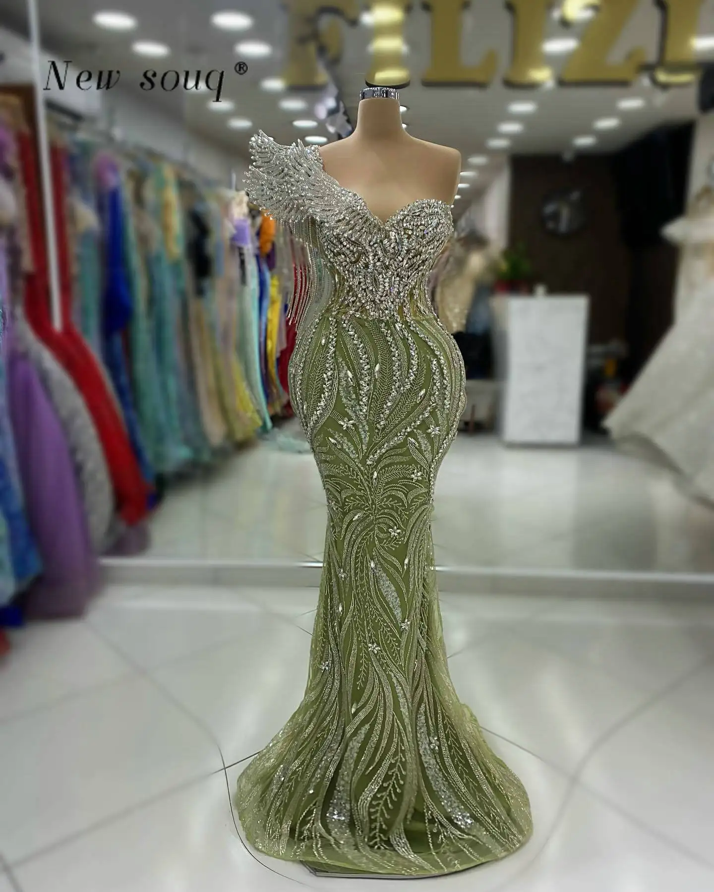 Corn Green Long One Shoulder Mermaid Wedding Evening Dresses Features with Sparkle Silver Crystals Formal Party Gowns Customised