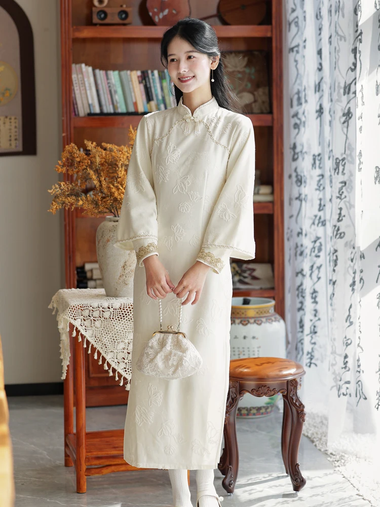 

Утепленное флисом длинное платье-ципао с длинными рукавами, винтажное, однотонное, для повседневной носки, на осень и зиму