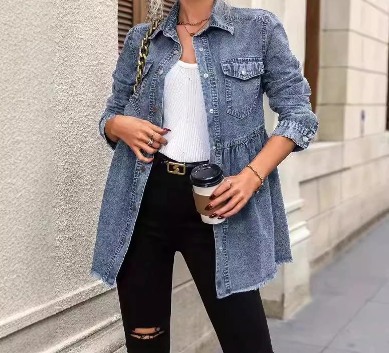 

Autumn New Washed Long Sleeved Fringed Denim Shirt Top Women's Denim Jacket