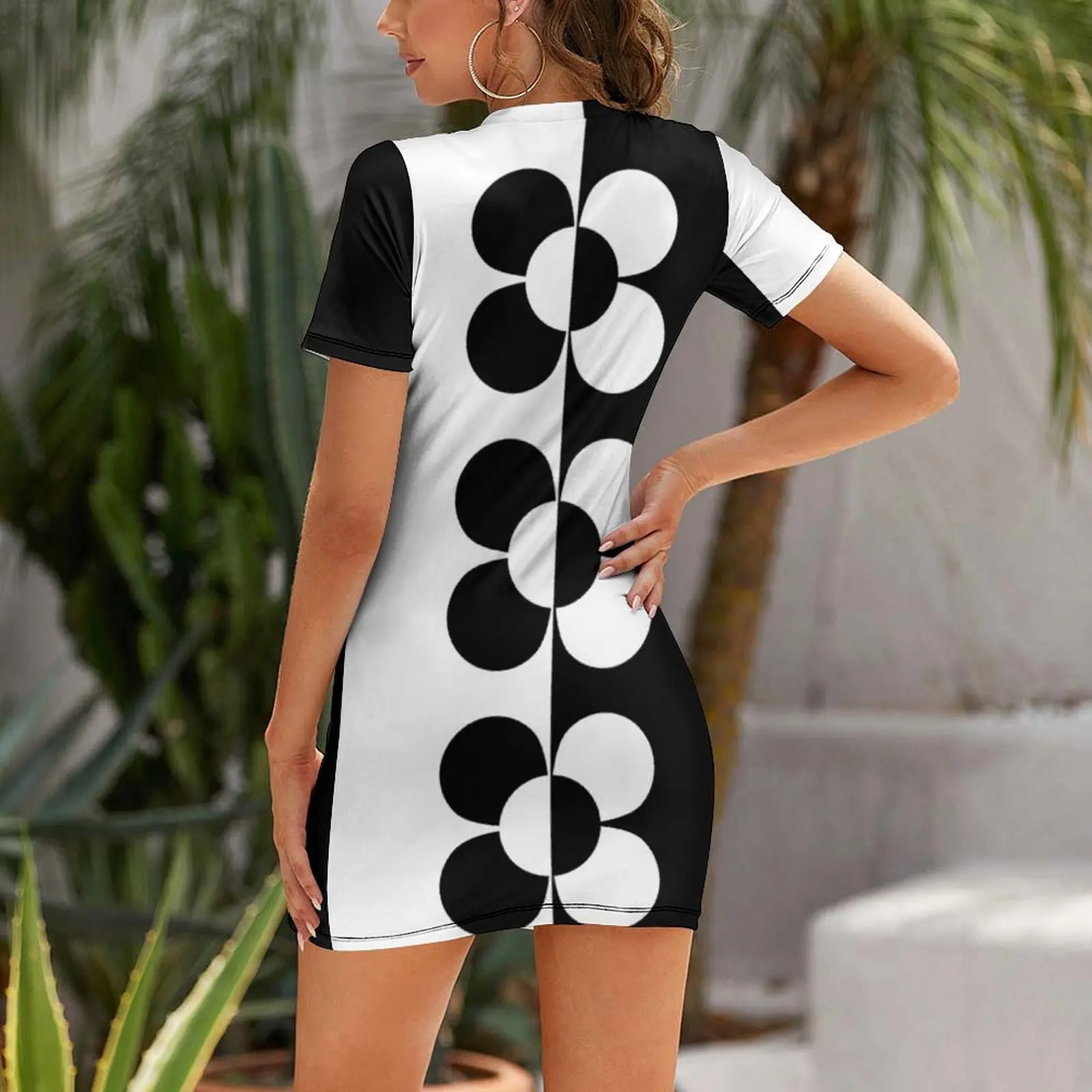 Black and White Retro 1960s Flowers Short Sleeved Dress summer dresses Long dresses dress for woman Dress