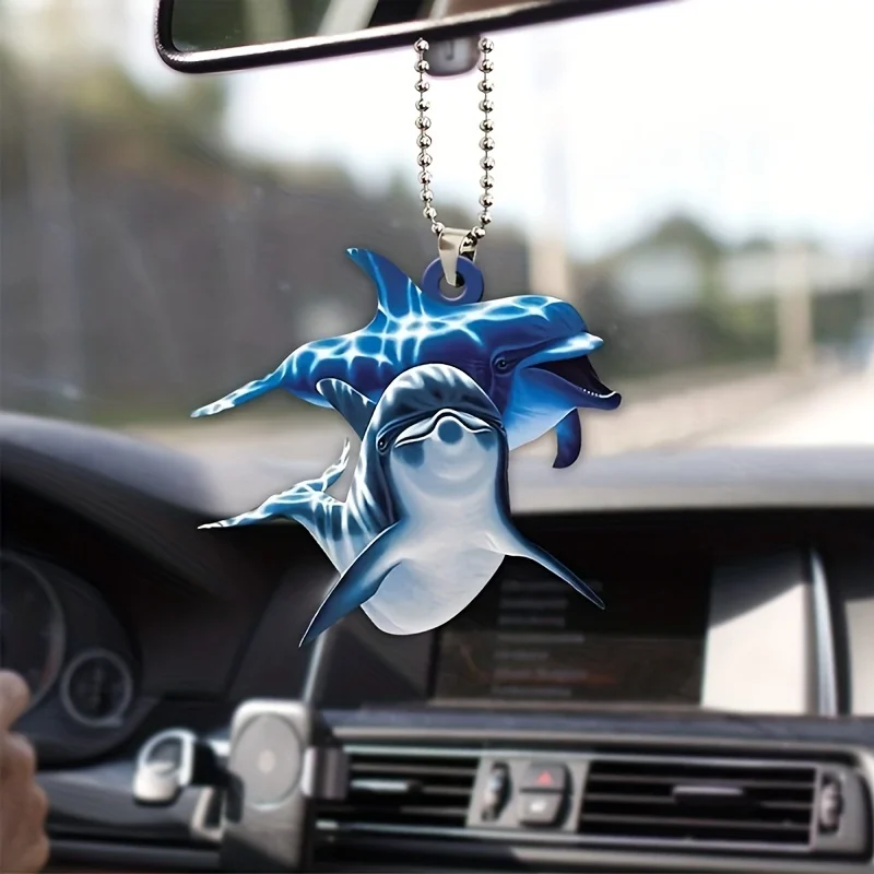 1PC 2D acrylic cute Dolphin Car interior Rearview mirror pendant, Holiday gifts, Key chain accessories Women's bag pendant,