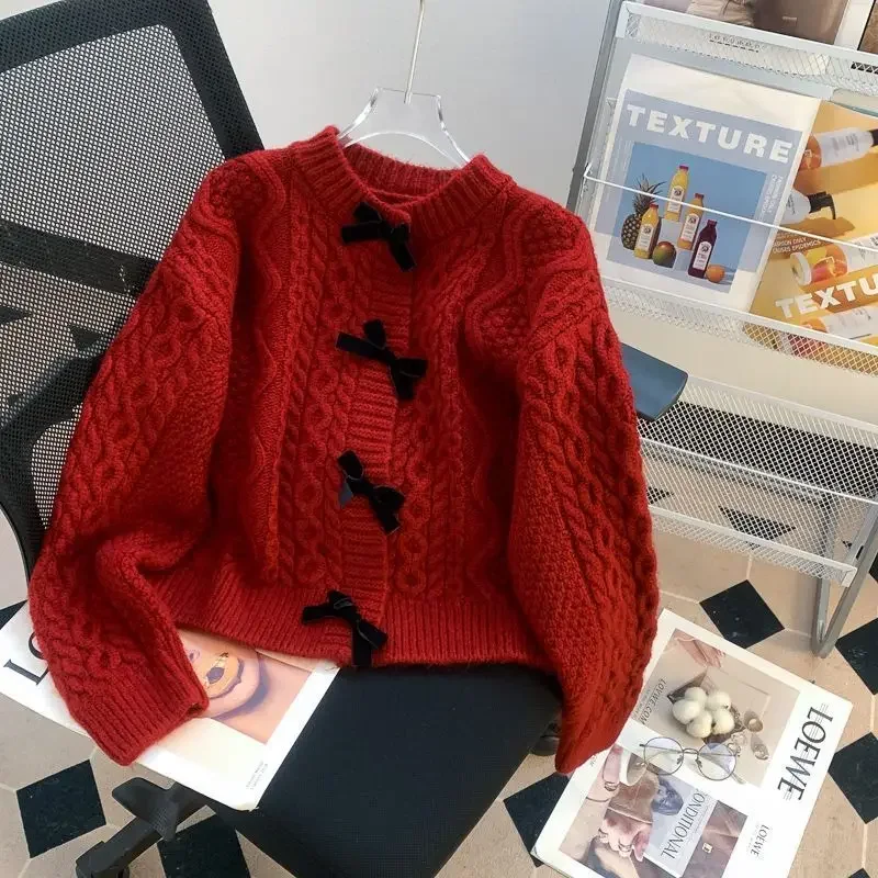 French Elegant Knitted Cardigan Sweet Oversized Chic Sweater V-Neck Long Sleeve Bow Knitwear Jumper Cozy Fashion Aesthetic B17