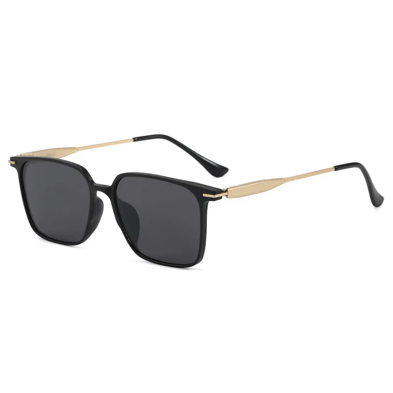 Lightweight Square Polarized Sunglasses for Men Black Front Frame Gold Decorative Metal Mirror Legs UV400 for Sports Beach Drivi