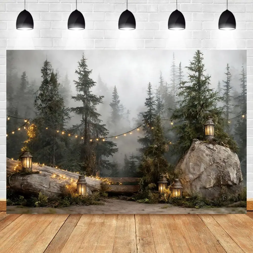 Jungle Forest Photography Backdrop Fog Stone Natural Scenery Kids Birthday Baby Shower Background Adventure Party Decorations