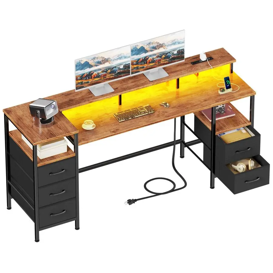 

Игровой компьютерный стол 61 дюйм с розетками, LED-подсветкой, регулируемыми тканевыми выдвижными ящиками для хранения, для дома и офиса
