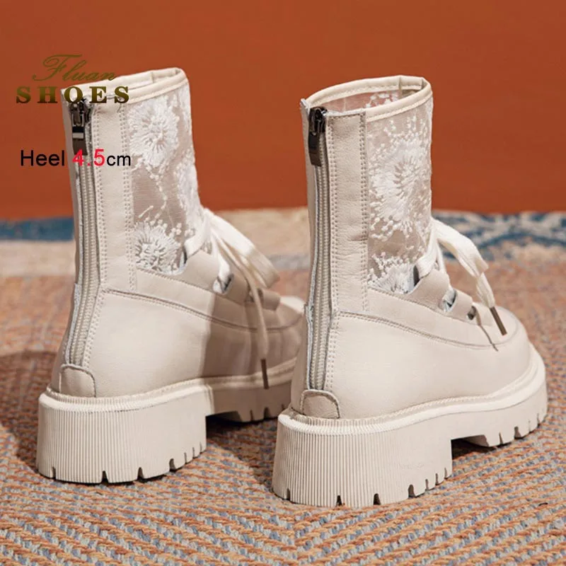 جديد جلد طبيعي شبكة النساء أحذية بوت قصيرة موضة تنفس صافي الأحذية الدانتيل يصل سميكة سوليد حذاء من الجلد الخلفي سستة الخريف الأحذية