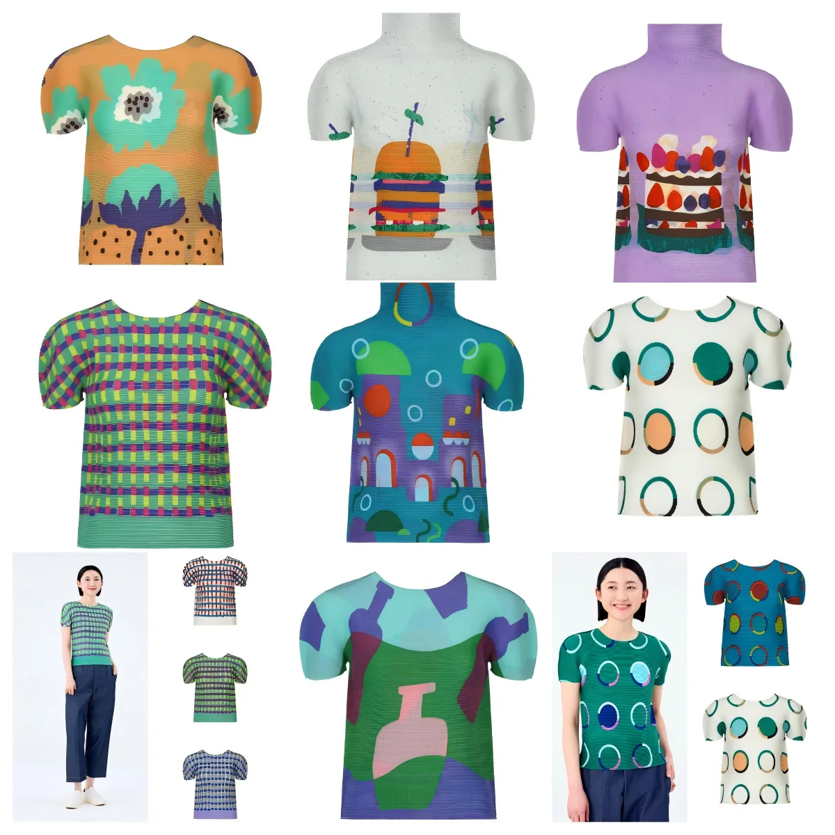 

Miyake Pleated Niche Top Women's Summer Thin Round Neck Slim Fit Slimming Pleated Printed Short Sleeved T-shirt Women's Style