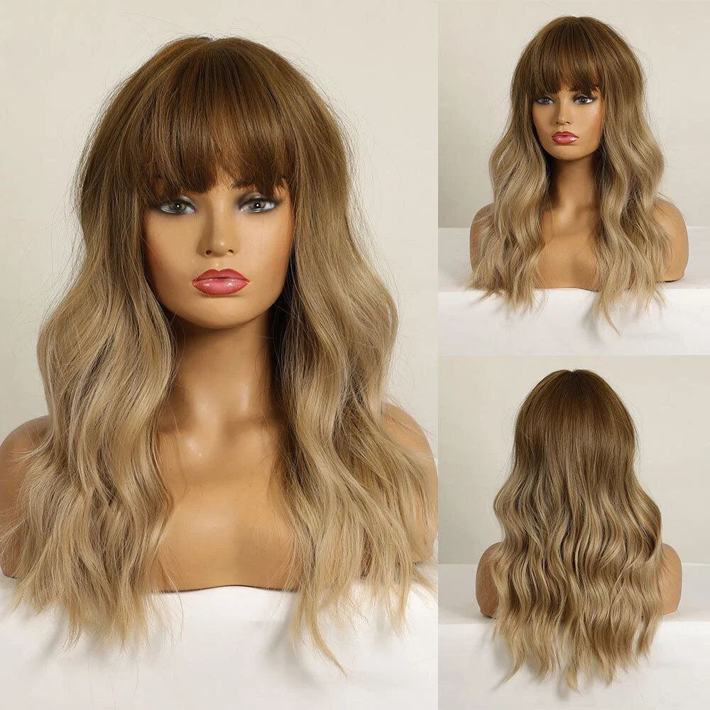 

Long Wavy Dark Brown to Honey Blonde Wig with Bangs Women Hair Fanshion