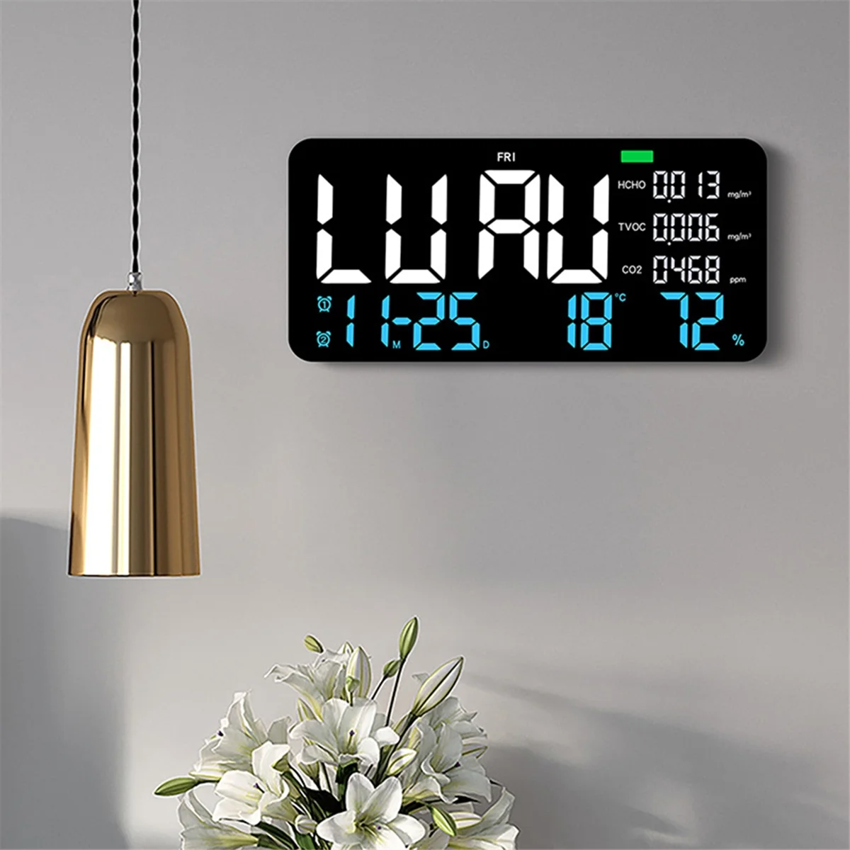 LED Digital Wall Clock Formaldehyde/CO2/TVOC Display Smoke Recognition Countdown Bedroom Decorative Clock Green